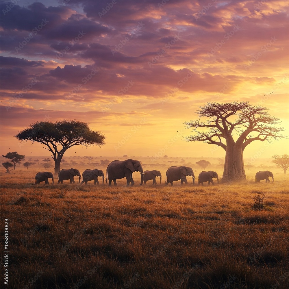 Obraz premium African Savanna Sunset Landscape: Elephants, Baobab Tree, Acacia Trees, Golden Hour Light