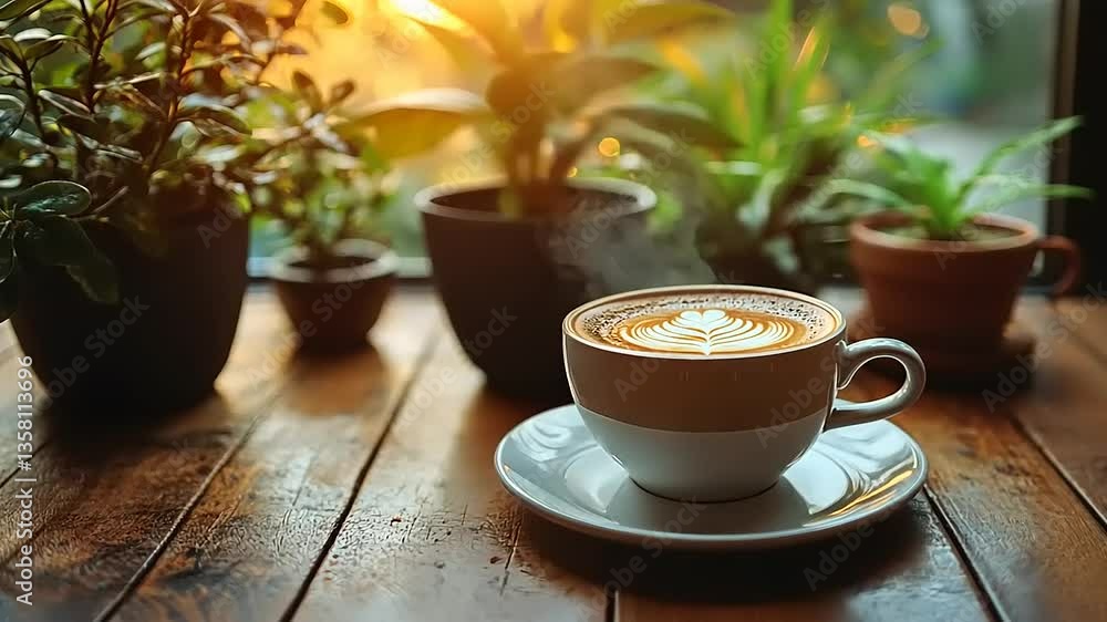 Warm coffee cup on a wooden table surrounded by lush plants, with a golden sunset in the background Warm coffee cup on a wooden table surrounded by lush plants, with a golden sunset in the background