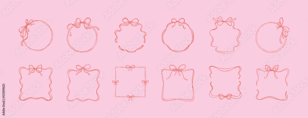 Set of square, rectangle and circle bow ribbon frames. Coquette aesthetic style. Hand drawn cute line doodle romantic vector illustration. Whimsical wavy border. Minimalist art drawing Set of square, rectangle and circle bow ribbon frames. Coquette aesthetic style. Hand drawn cute line doodle romantic vector illustration. Whimsical wavy border. Minimalist art drawing