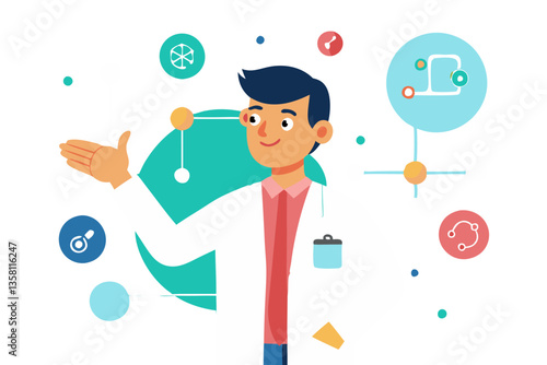 A doctor is enthusiastically pointing with his finger as he engages in a discussion about health and medical advancements. The atmosphere is bright and inviting, showcasing expertise