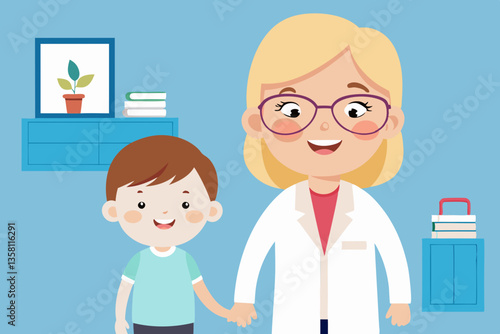 A female pediatrician wearing a lab coat smiles while holding the hand of a young boy. The background features shelves with books and a plant, creating a friendly atmosphere in the clinic