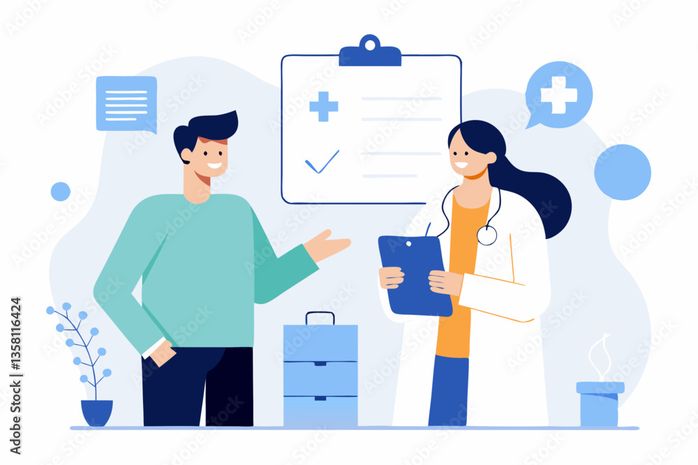 A doctor in a white coat and a patient in casual attire discuss health concerns in a contemporary medical office. Visual aids enhance their conversation, creating a welcoming environment A doctor in a white coat and a patient in casual attire discuss health concerns in a contemporary medical office. Visual aids enhance their conversation, creating a welcoming environment