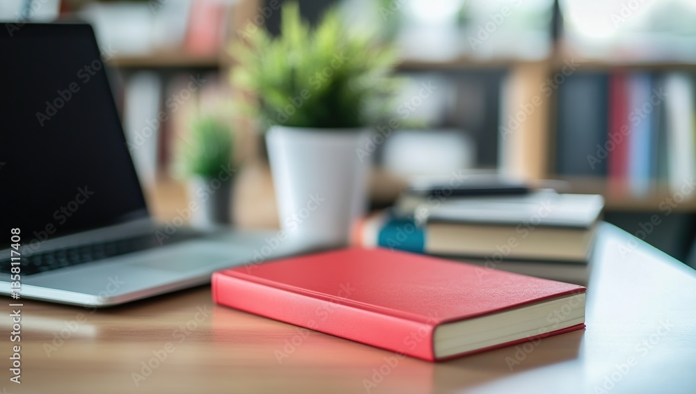 Red Notebook on Wooden Desk with Laptop and Books Red Notebook on Wooden Desk with Laptop and Books