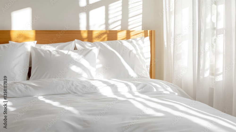 Obraz premium Sunlit white bed with pillows in cozy room