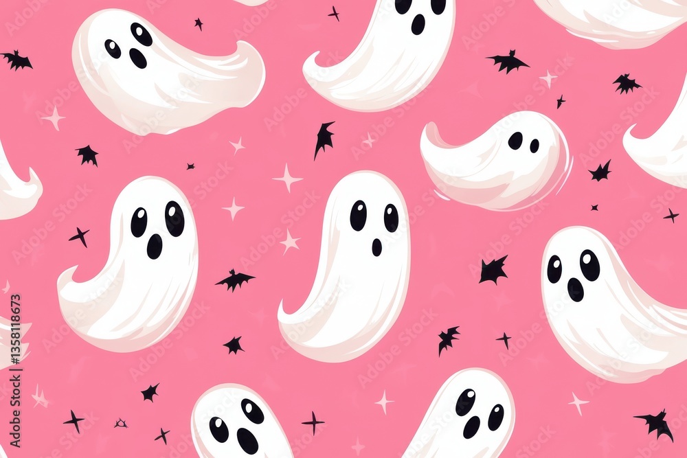 Halloween Ghost Seamless Pattern Background with Cute Cartoon Ghosts on Pink Halloween Ghost Seamless Pattern Background with Cute Cartoon Ghosts on Pink