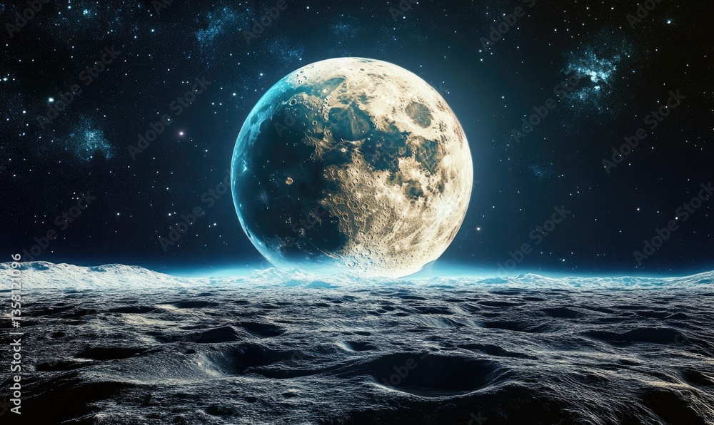 A large moon is floating in the sky above a vast, empty space A large moon is floating in the sky above a vast, empty space