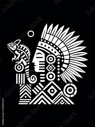 Tribal Geometric Illustration of a Warrior and Chameleon