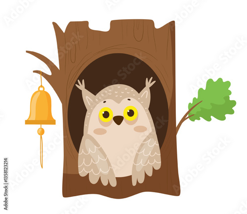 Vector illustration of an owl in a tree hollow with a bell and leaves in a simple outdoor scene. The scene captures a cute animal in its home.