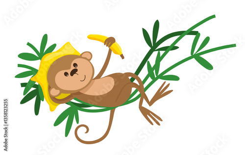 Vector illustration of a monkey swinging on lianas among leaves in a simple outdoor scene. The scene captures a cute animal in its natural habitat.