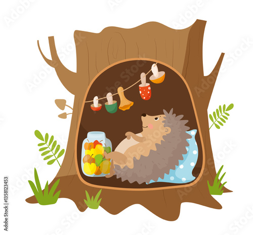Vector illustration of a hedgehog sleeping in a tree hollow with hanging decorations in a simple outdoor scene. The scene captures a cute animal in its home.