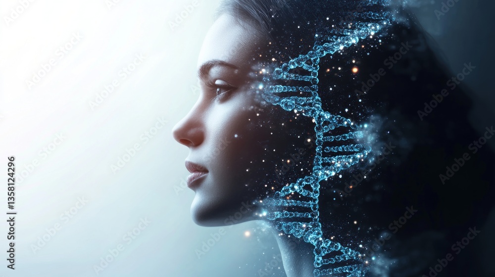 Obraz premium Woman Profile with DNA Strand Overlay