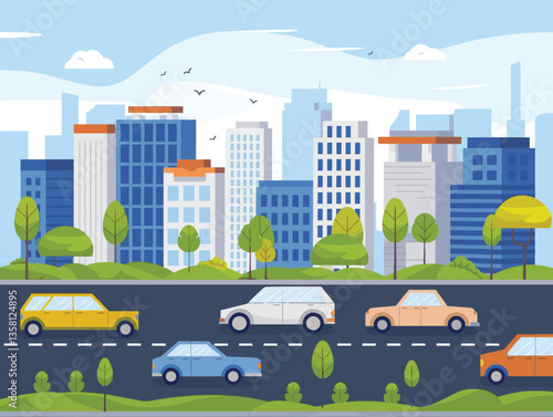 A vector illustration of cars and vehicles in city road traffic with a cityscape.
