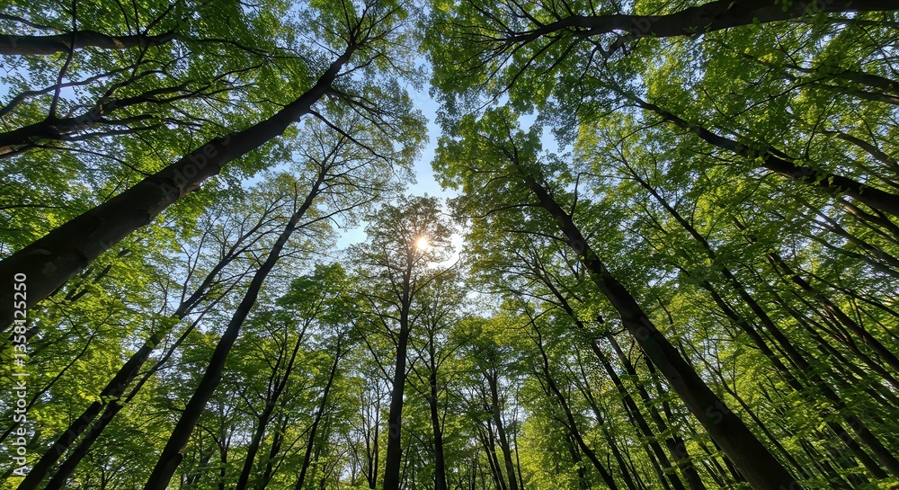 Fototapeta premium Sunlight Filtering Through Lush Green Canopy in a Deciduous Forest
