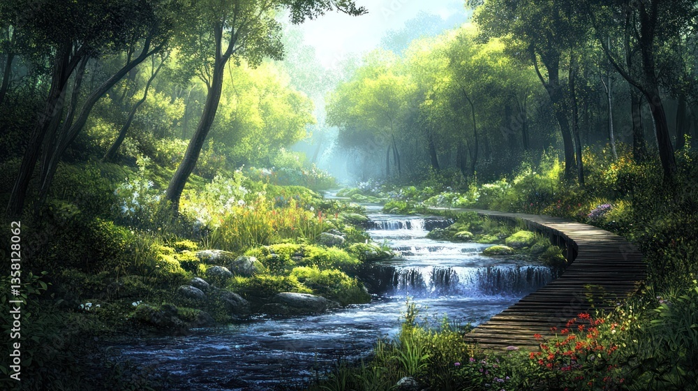 Obraz premium Serene Forest Pathway Beside A Cascading Stream