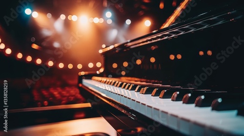 Grand piano keyboard on stage, blurred lights and audience, vibrant show atmosphere