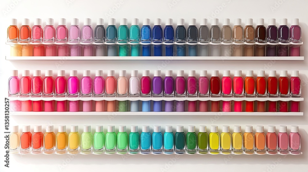 Colorful Nail Polish Bottles Arranged On Shelves Colorful Nail Polish Bottles Arranged On Shelves