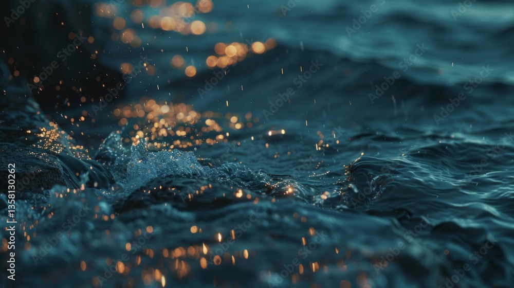 Naklejka premium Teal Wave Sparkle: Abstract Ocean Water With Golden Light Reflections, Nature Background