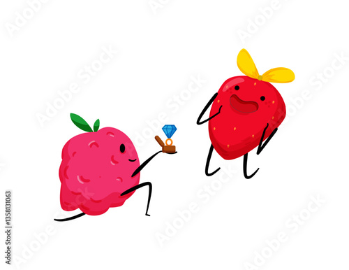 Vector illustration of a pink raspberry proposing with a ring to a red apple.