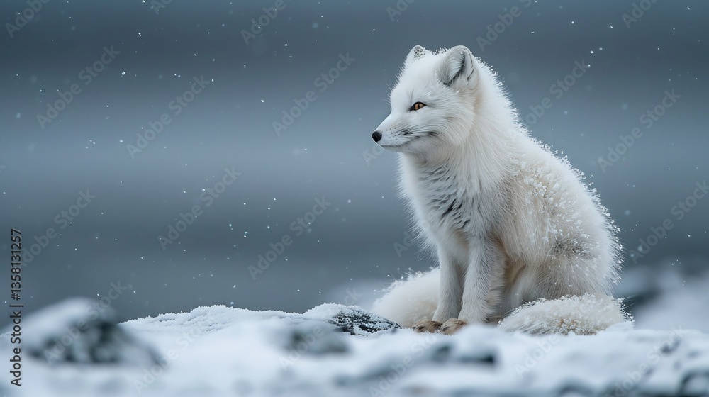 Obraz premium Fluffy white Arctic fox sitting on a snowy tundra perfectly blending into the winter landscape as it surveys its icy surroundings Snowflakes gently fall around it