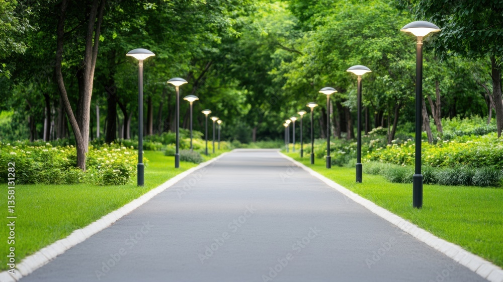 Obraz premium Serene Urban Park Pathway with Lush Green Trees and Street Lamps Illuminating the Scenic Environment