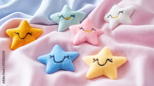 Soft plush stars with smiling faces on pastel-colored fabric, conveying sense of joy and comfort