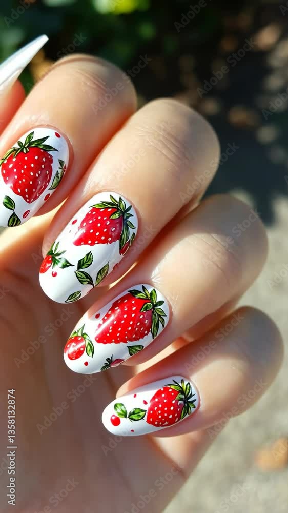 Nail art featuring vibrant strawberry designs on a natural background during sunny outdoor conditions Nail art featuring vibrant strawberry designs on a natural background during sunny outdoor conditions