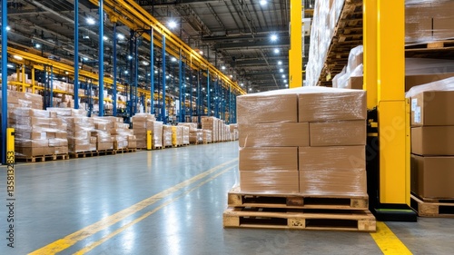 Large warehouse with packaged goods ready for distribution on pallets