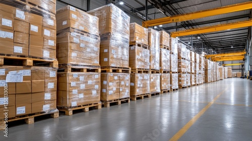 Stacked boxes on pallets in large warehouse, industrial storage setting