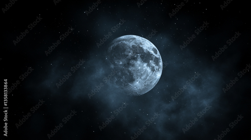 Fototapeta premium A serene galaxy background with a bright full moon glowing above thick clouds, casting a peaceful light over the landscape. The calm night sky evokes tranquility, mystery, and celestial wonder. 