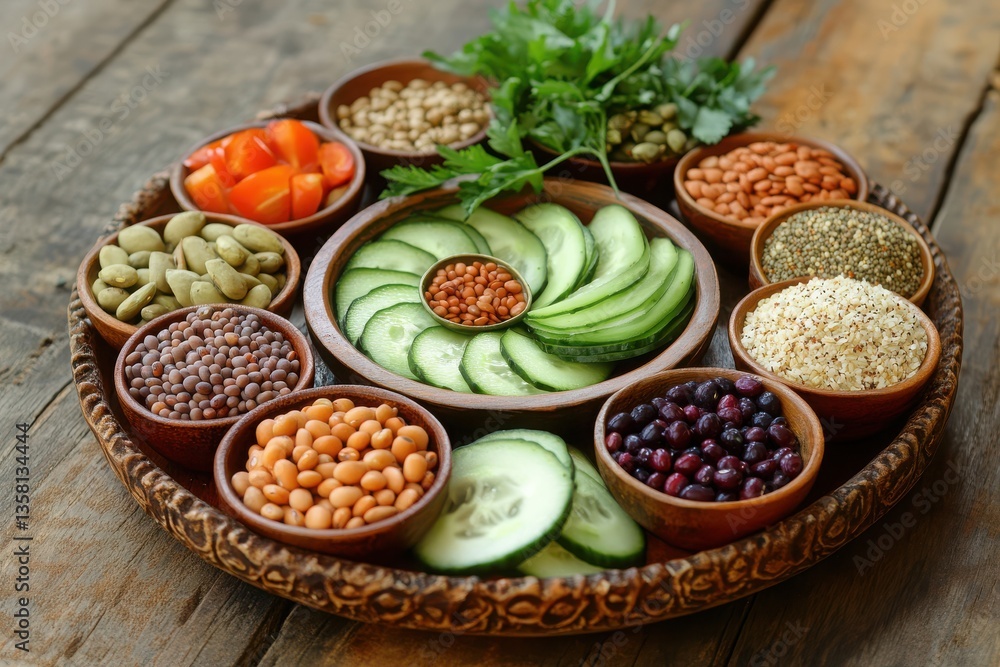 Assortment of beans cucumbers and other vegetables in wooden bowls on a wooden tray centered view Assortment of beans cucumbers and other vegetables in wooden bowls on a wooden tray centered view