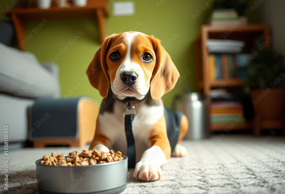 Φωτογραφία Beagle dog sits patiently next to a bowl of dry food at home against a charming green wall with a vintage clock nearby
