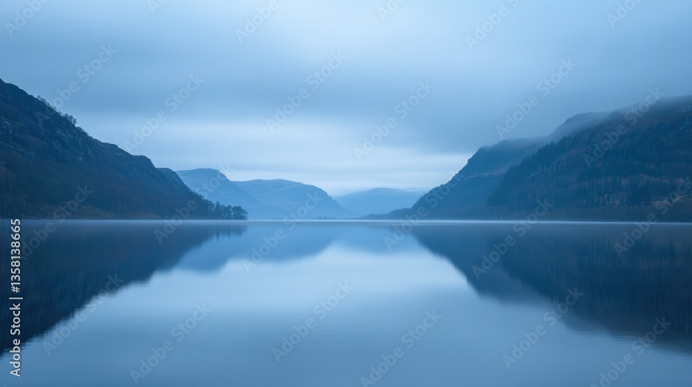 Serene Mountain Lake Reflection In Misty Morning Light Serene Mountain Lake Reflection In Misty Morning Light