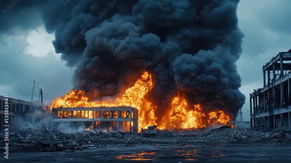Dramatic Scene of Urban Fire and Thick Black Smoke Rising from Burning Building in Industrial Area Dramatic Scene of Urban Fire and Thick Black Smoke Rising from Burning Building in Industrial Area