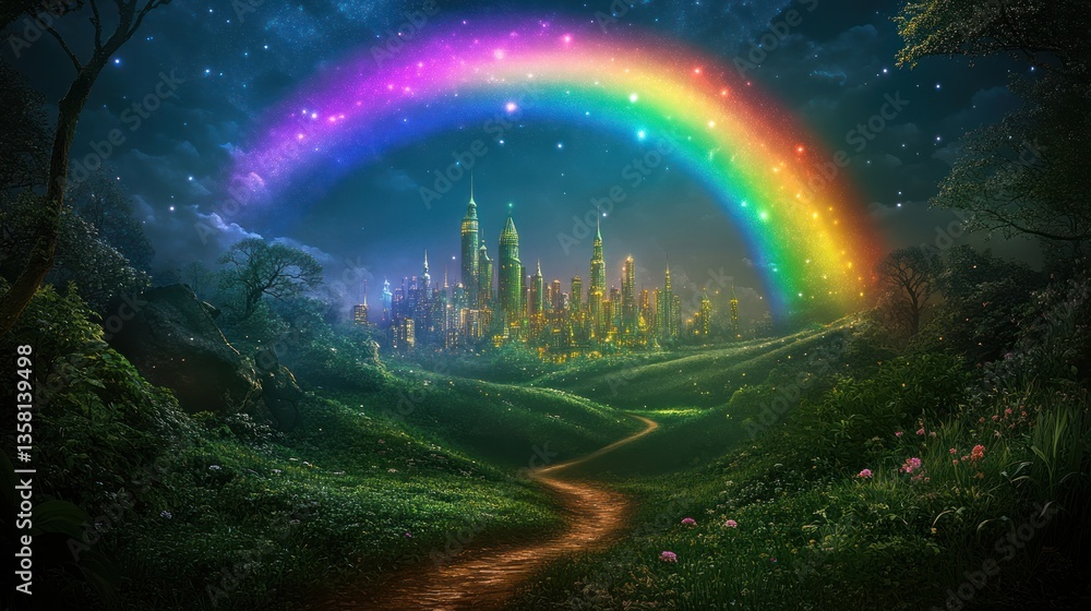 Enchanted Cityscape Underneath a Rainbow's Glow Enchanted Cityscape Underneath a Rainbow's Glow