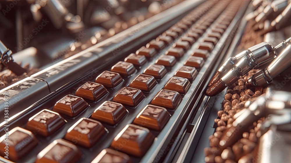 Robotic Arms Pouring Chocolate Into Molds On Conveyor Belt Robotic Arms Pouring Chocolate Into Molds On Conveyor Belt