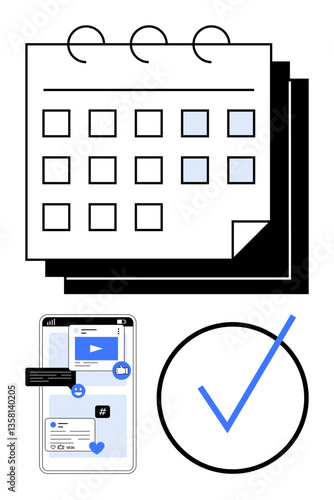 Calendar grid with selected dates, smartphone displaying posts and videos, large checkmark for task completion. Ideal for planning, organization, content creation, social media strategy