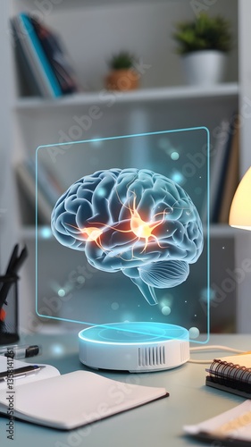 3D hologram of a human brain displayed on a desk with a lighted lamp and books in the background during evening hours vertical