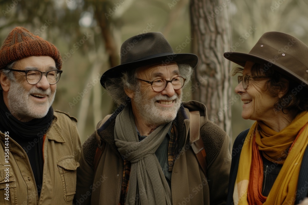 Group of seniors with hats and scarves in the autumn park. Group of seniors with hats and scarves in the autumn park.