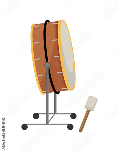 Vector illustration of a tan drum on a stand with a mallet.