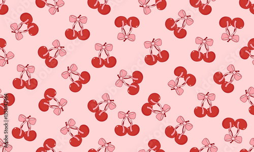 Vintage hand-drawn coquette seamless pattern with cherries and bows. Designed for wrapping paper, packaging, fabric, and textiles. Vector illustration.
