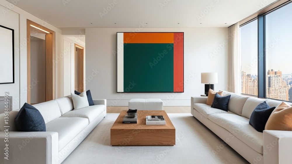Luxury home minimalist and exclusive, A modern living room featuring minimalist furniture, a large abstract painting, and expansive windows offering a city view.