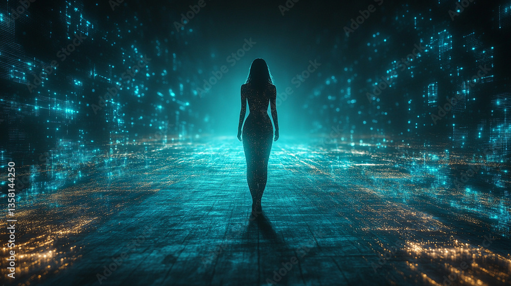 glowing silhouette of a woman in an open back dress stands in a radiant 3D space multiverse galaxy symbolizing a digital journey through realms of energy matter and endless possibilities glowing silhouette of a woman in an open back dress stands in a radiant 3D space multiverse galaxy symbolizing a digital journey through realms of energy matter and endless possibilities