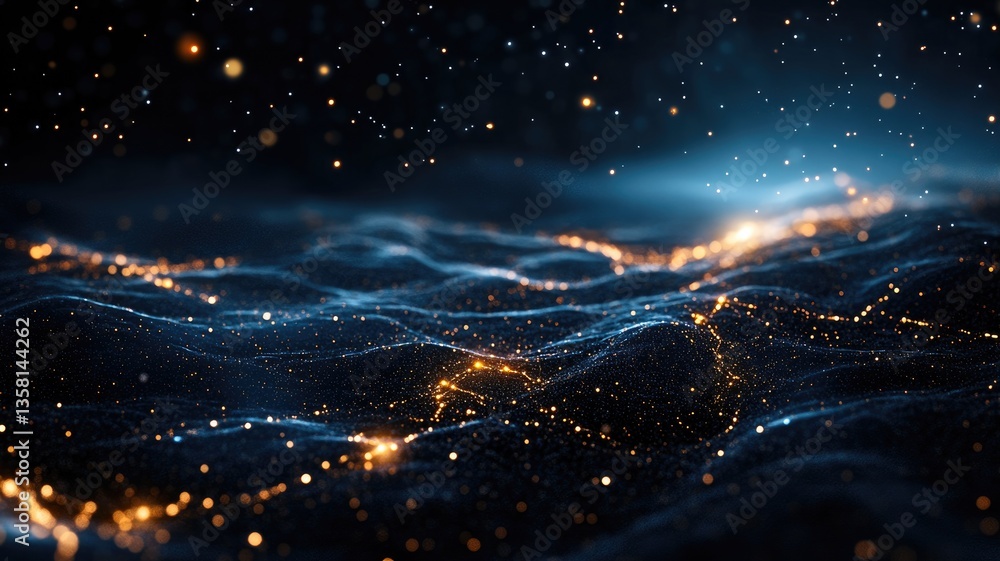 Obraz premium Abstract digital landscape with glowing lines and particles in dark, starry backdrop