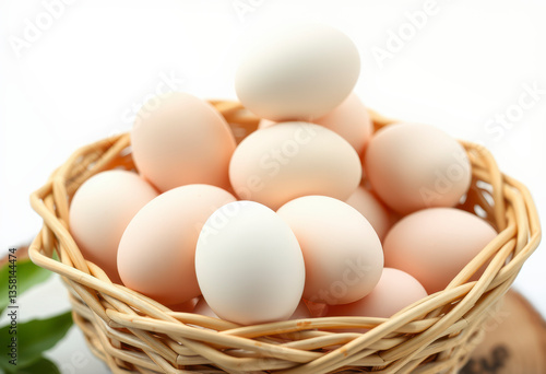 Wallpaper Mural Stack of fresh chicken eggs in a wicker bamboo basket, highlighting their smooth texture and pale color against an isolated white background. Torontodigital.ca