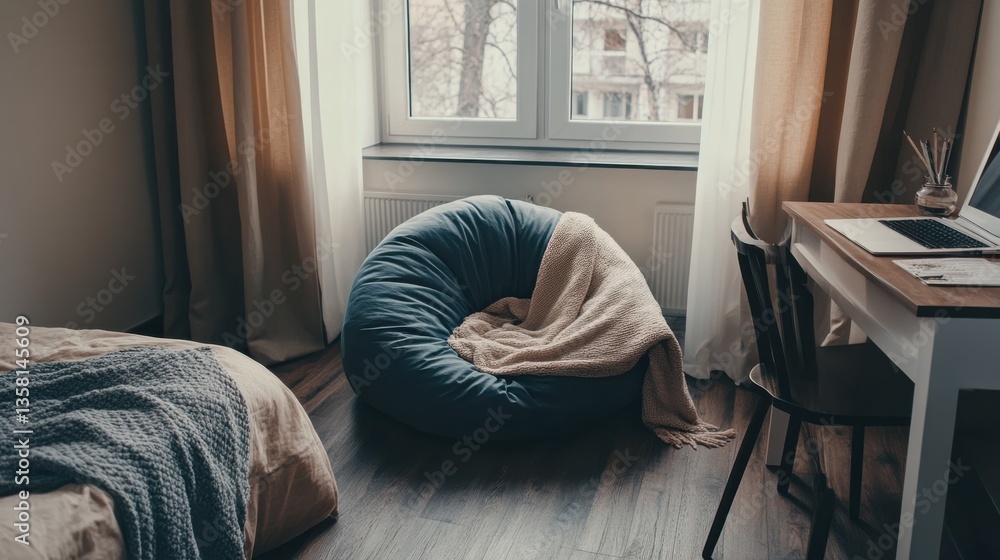 Cozy bedroom with a bean bag chair, soft blanket, and workspace, creating a warm and inviting atmosphere Cozy bedroom with a bean bag chair, soft blanket, and workspace, creating a warm and inviting atmosphere