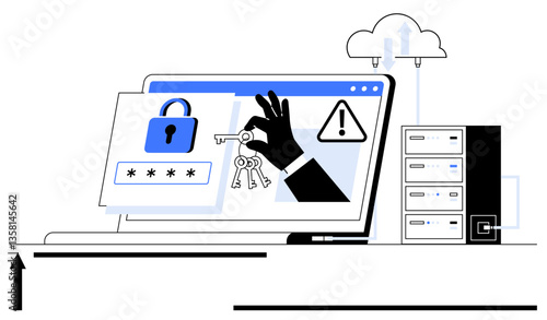 Laptop displays security breach visuals with locks, keys, warning icons, and a server connected to cloud storage. Ideal for security, technology, data protection, risk, hacking cloud safety digital