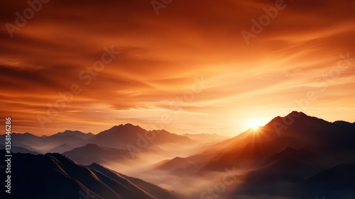 Majestic sun setting over misty mountain range with vibrant orange sky