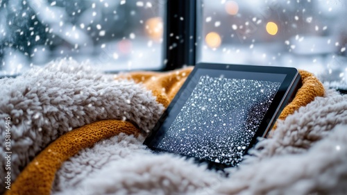 Tablet on cozy blanket with snow falling outside window