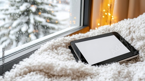 Tablet on cozy blanket by window in snowy winter scene with holiday lights