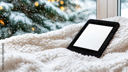 E-reader on cozy blanket with snow outside window Winter, Christmas